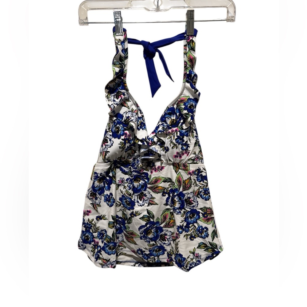 Floral Halter Swim Top with Blue Accents